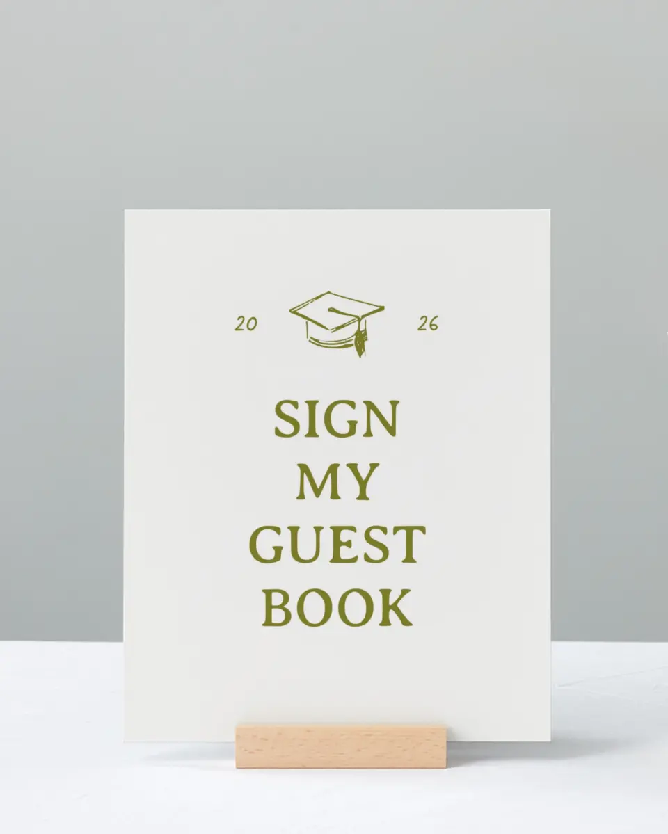 This is a 8" x 10" Guestbook Grad Sign called Grad Frame Art printed in full color with Rose Gold foil