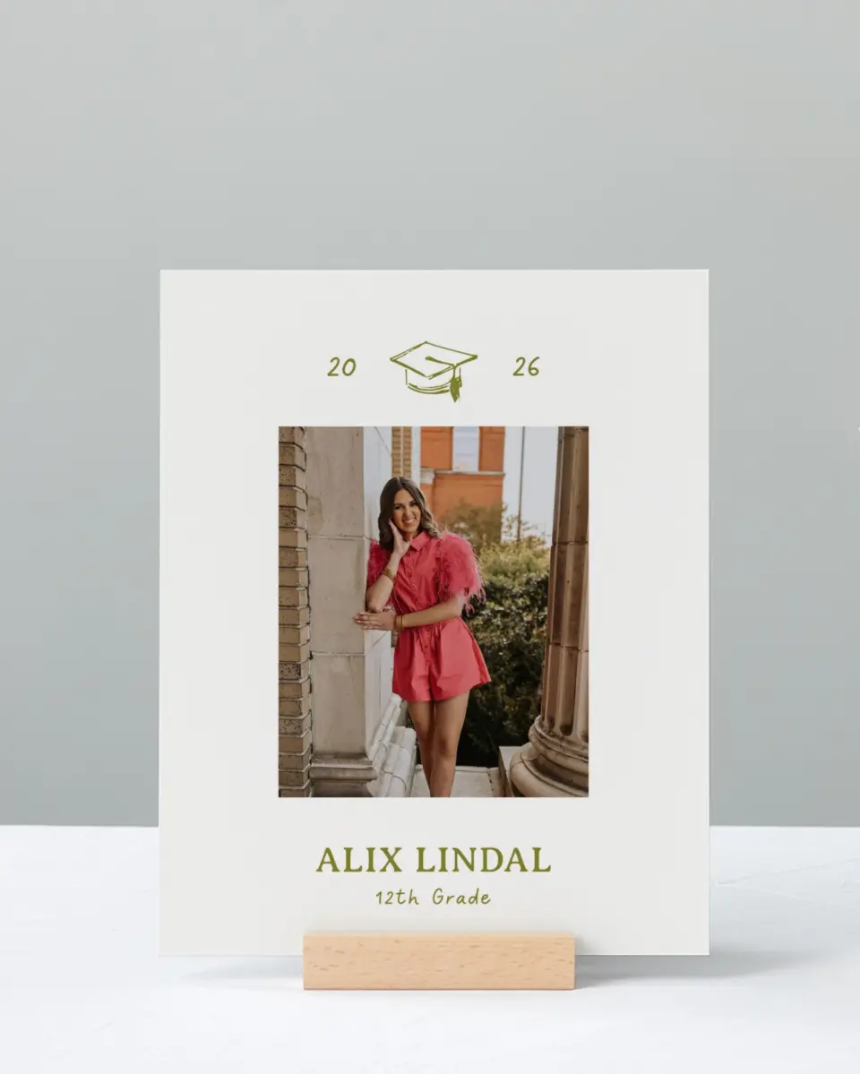 This is a 8" x 10" Photo Grad Sign called Grad Frame Art printed in full color with Rose Gold foil