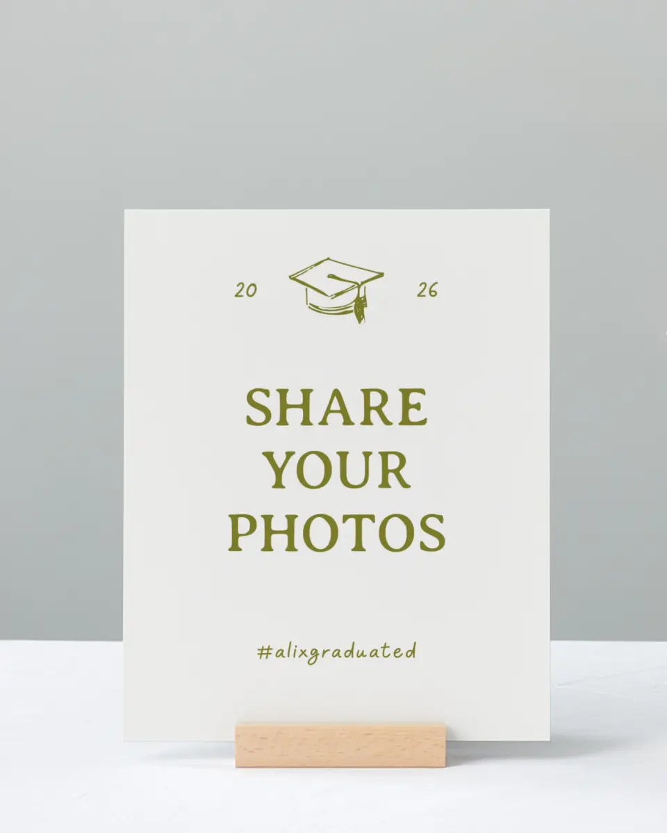 This is a 8" x 10" Let's Celebrate & Snap a Photo Grad Sign called Grad Frame Art printed in full color with Rose Gold foil