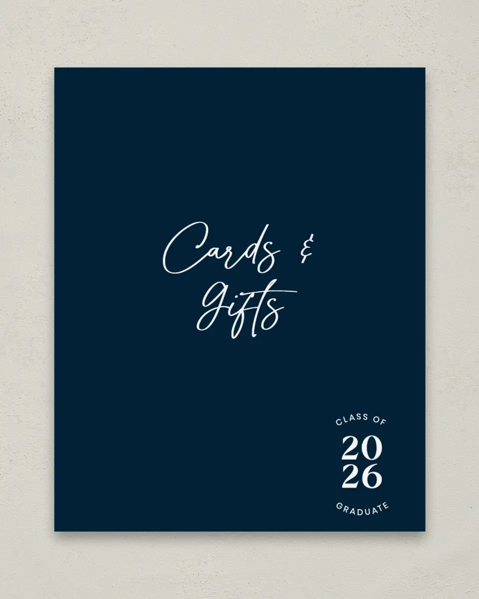 This is a 8" x 10" Cards & Gifts Grad Sign called Sporty Grad printed in full color with Gold foil
