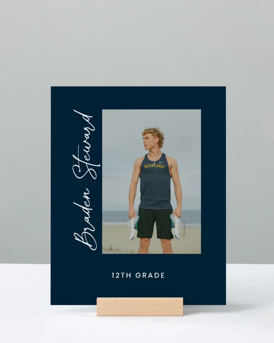 This is a 8" x 10" Photo Grad Sign called Sporty Grad printed in full color with Rose Gold foil