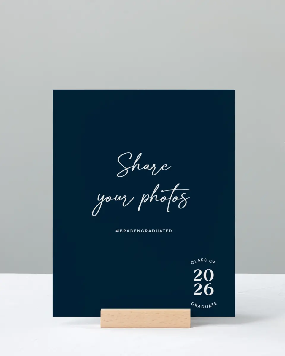 This is a 8" x 10" Let's Celebrate & Snap a Photo Grad Sign called Sporty Grad printed in full color