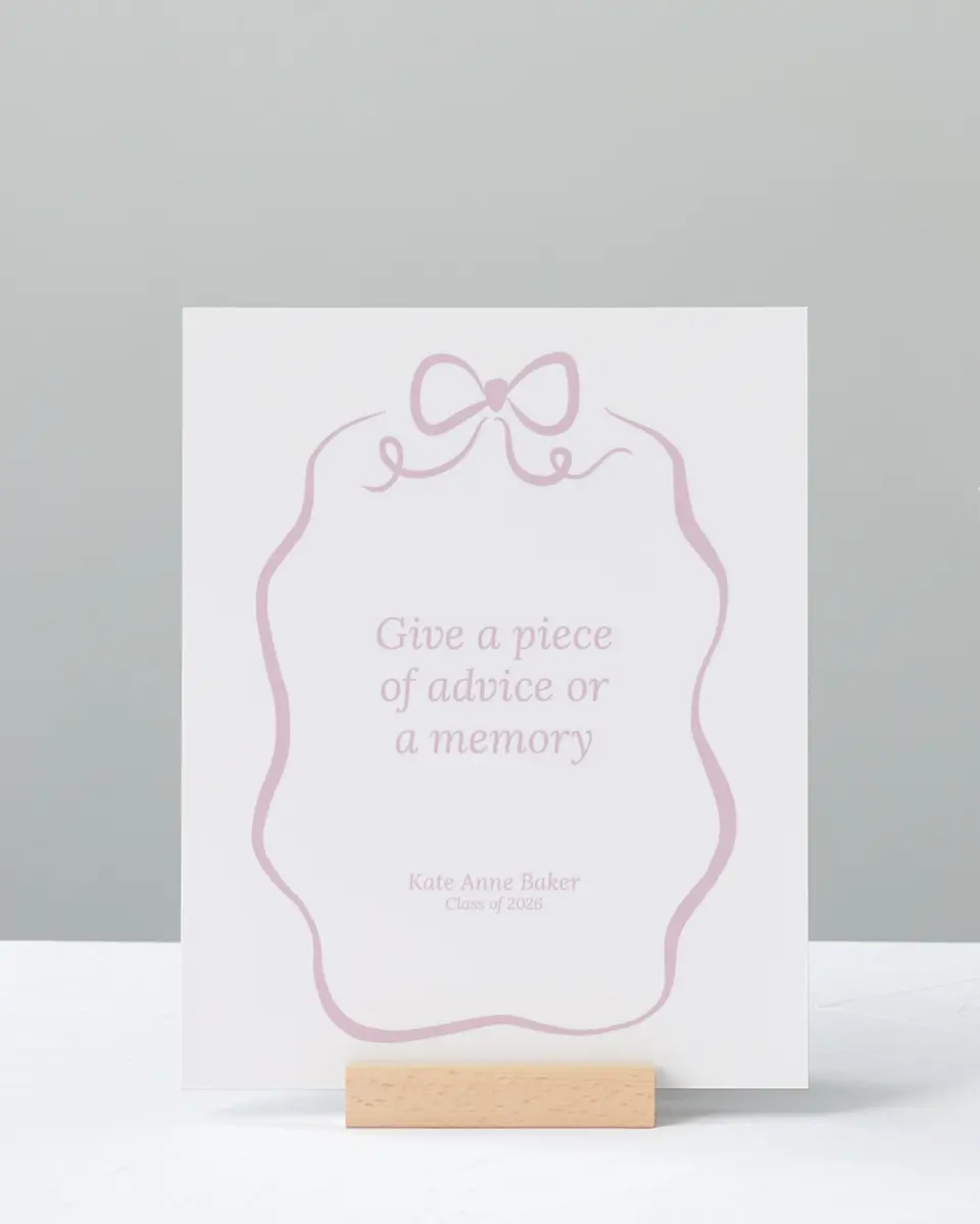 This is a 8" x 10" Memory & Advice Grad Sign called Bow Grad printed in full color with Gold foil