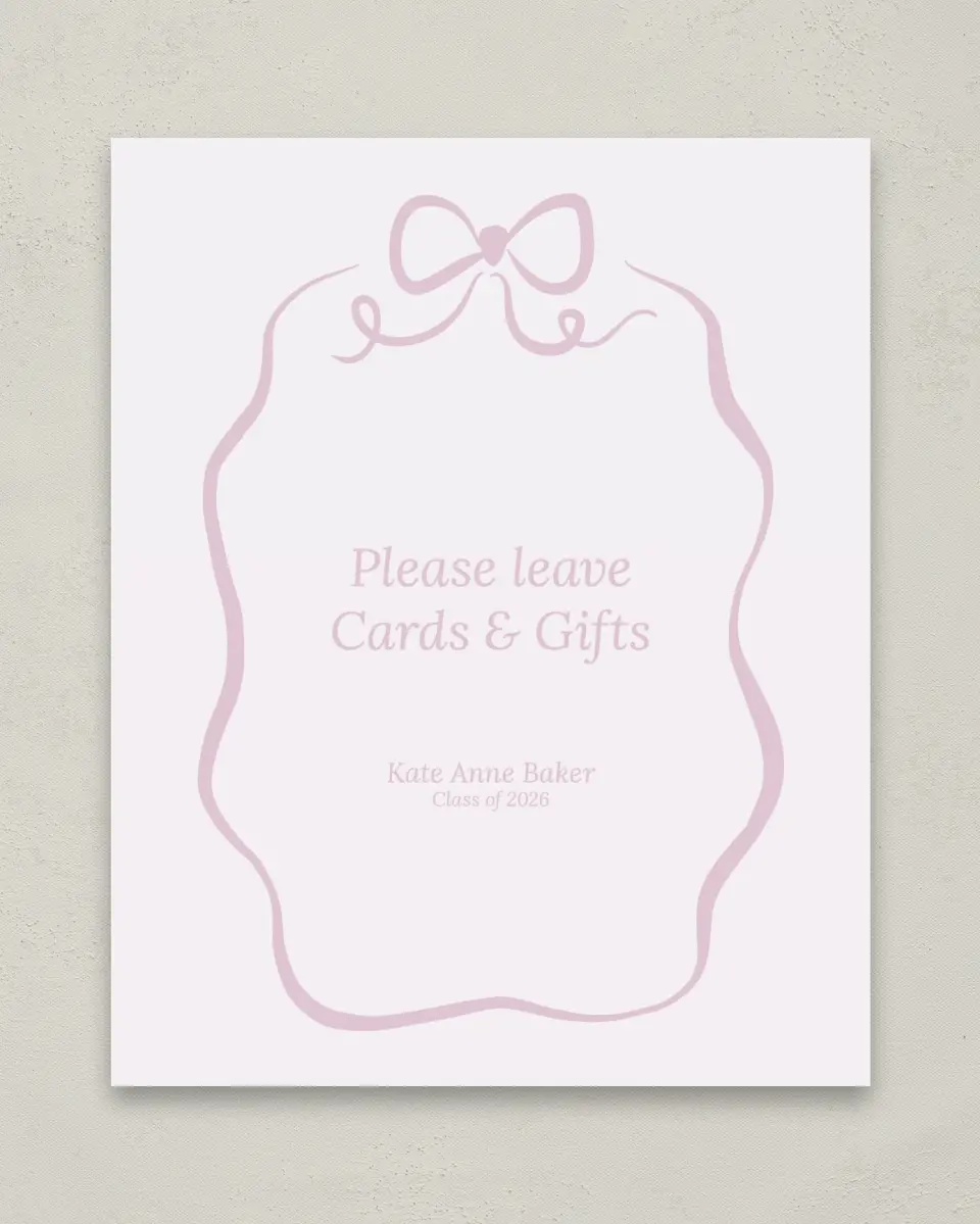 This is a 8" x 10" Cards & Gifts Grad Sign called Bow Grad printed in full color with Gold foil