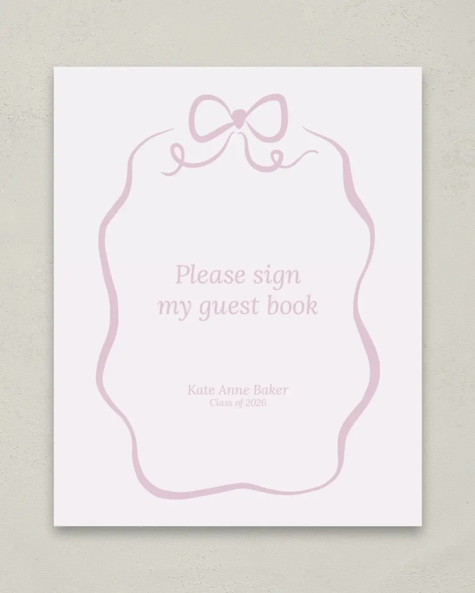 This is a 8" x 10" Guestbook Grad Sign called Bow Grad printed in full color with Gold foil