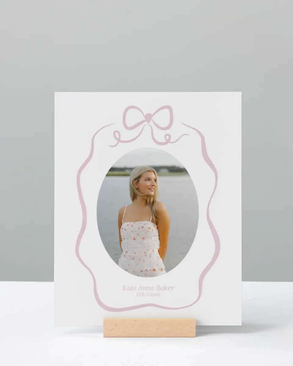This is a 8" x 10" Photo Grad Sign called Bow Grad printed in full color with Rose Gold foil