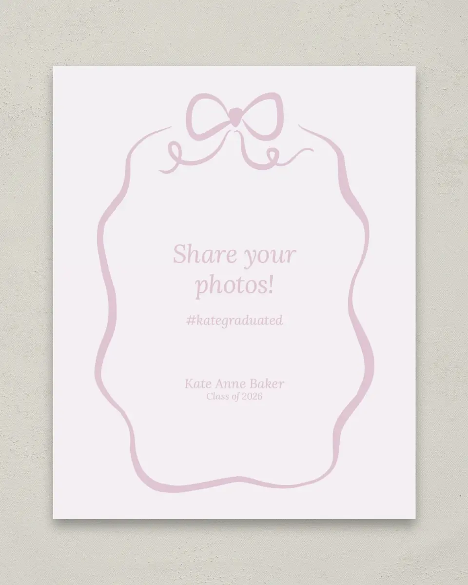 This is a 8" x 10" Let's Celebrate & Snap a Photo Grad Sign called Bow Grad printed in full color with Gold foil