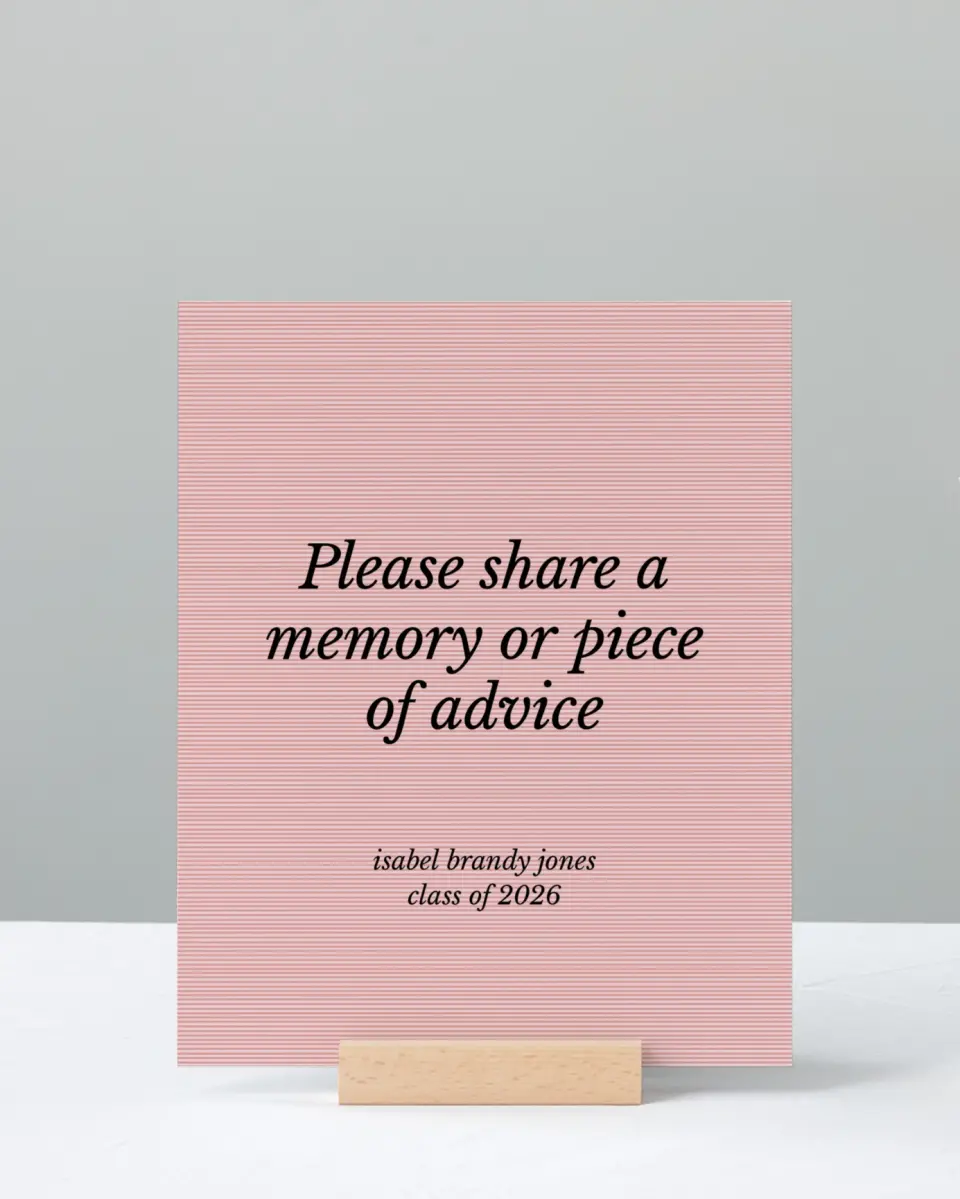 This is a 8" x 10" Memory & Advice Grad Sign called Snapshot Graduate printed in full color with Rose Gold foil