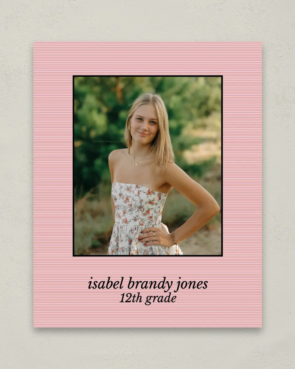 This is a 8" x 10" Photo Grad Sign called Snapshot Graduate printed in full color with Gold foil