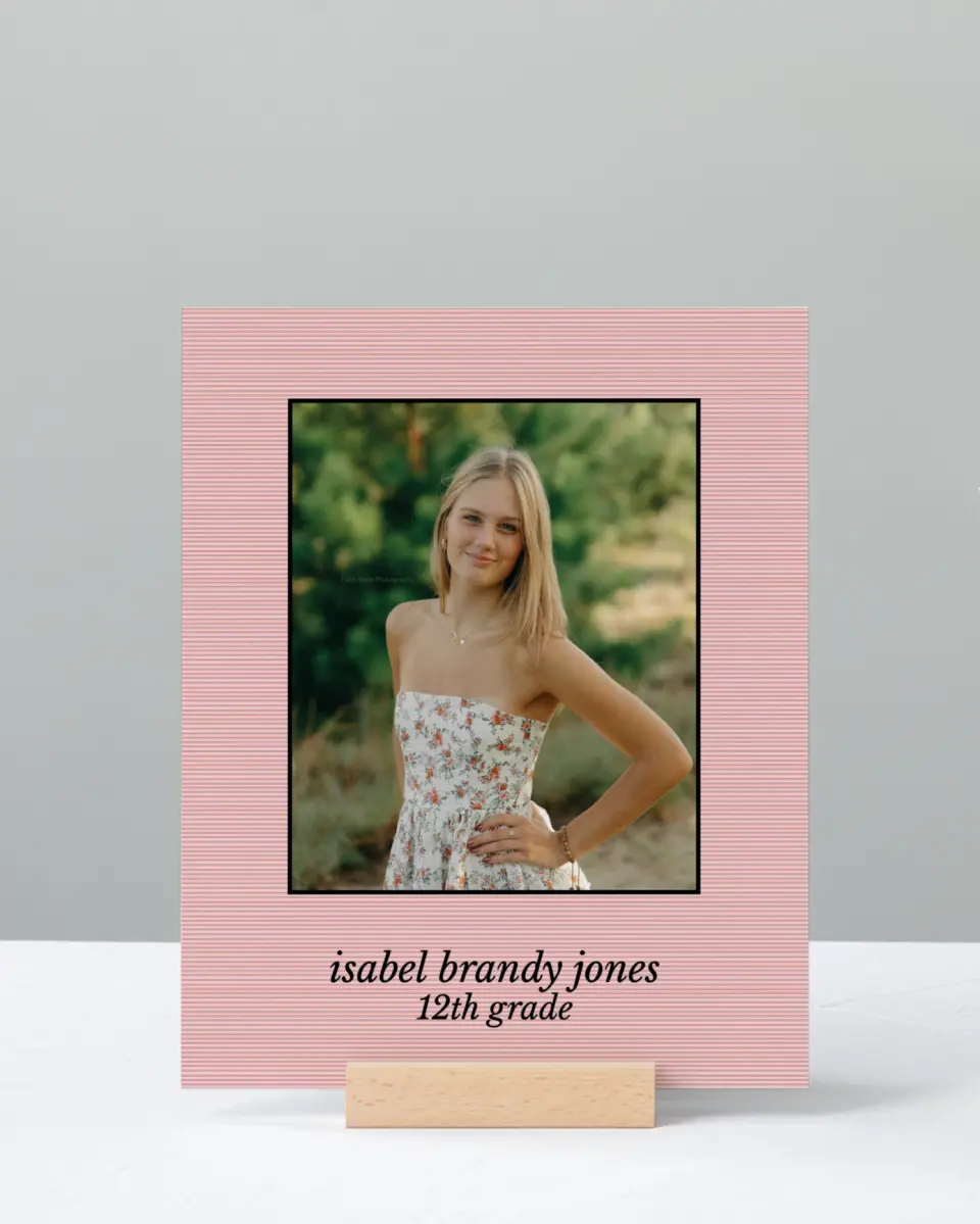 This is a 8" x 10" Photo Grad Sign called Snapshot Graduate printed in full color with Rose Gold foil