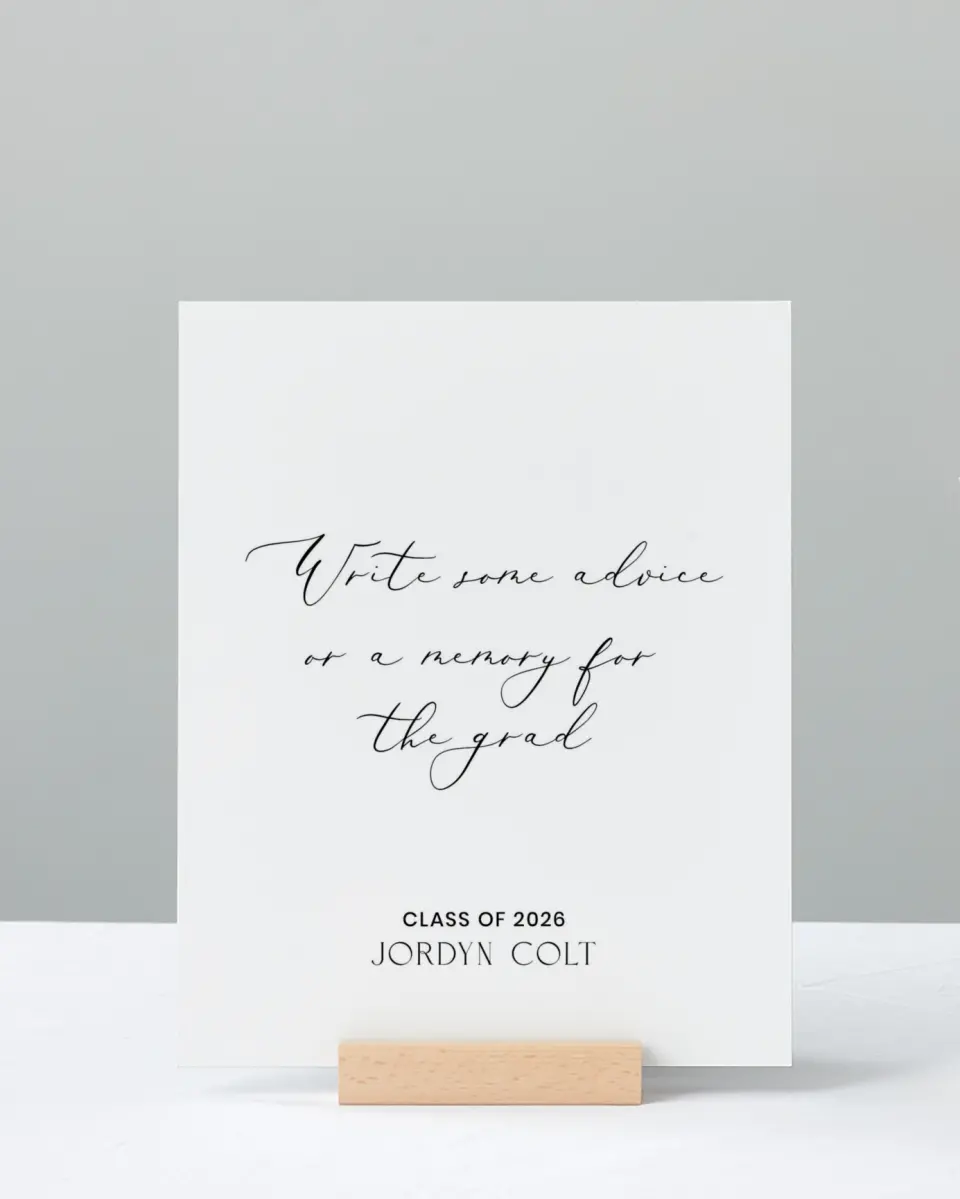 This is a 8" x 10" Memory & Advice Grad Sign called Refined Moment printed in full color with Rose Gold foil