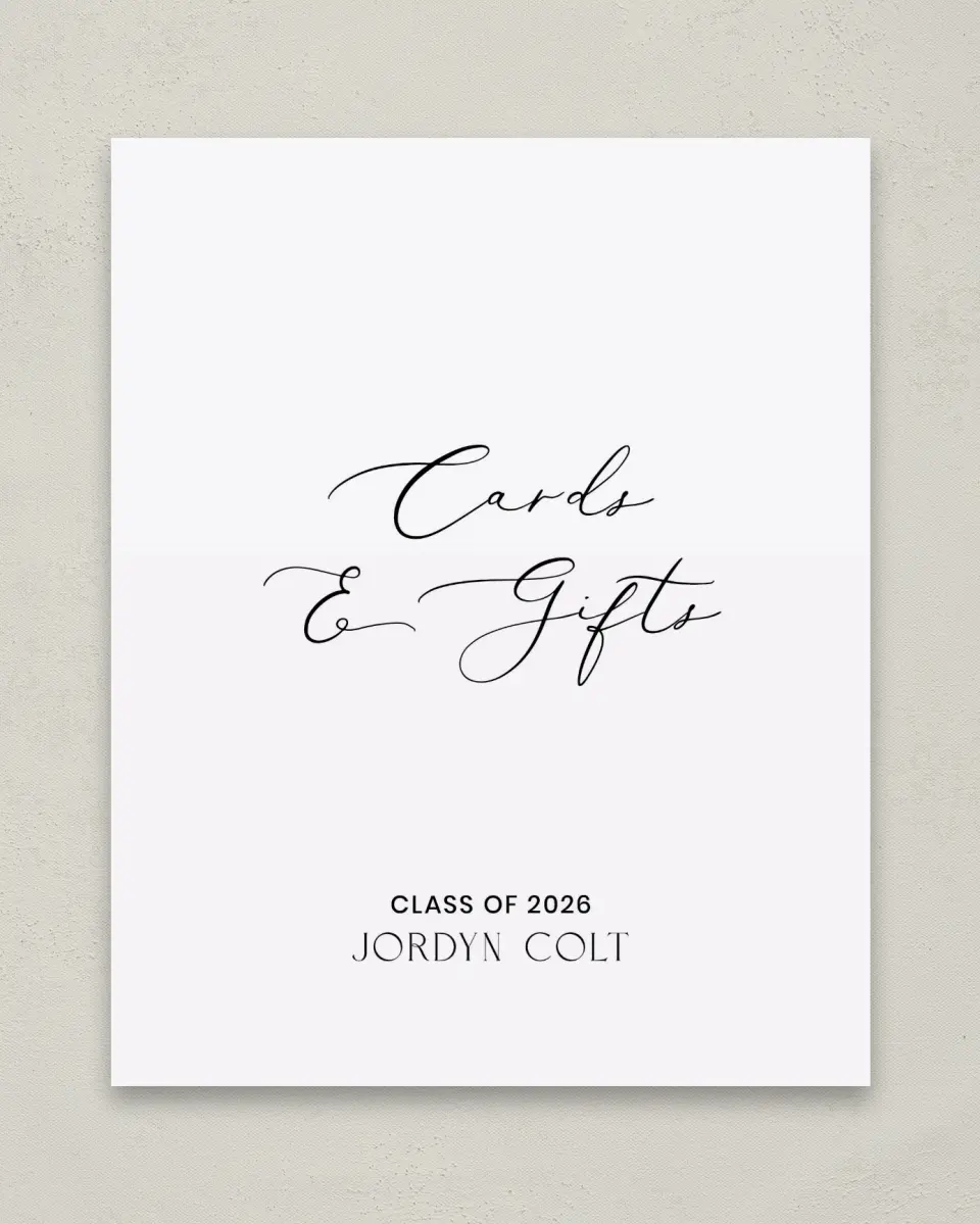 This is a 8" x 10" Cards & Gifts Grad Sign called Refined Moment printed in full color
