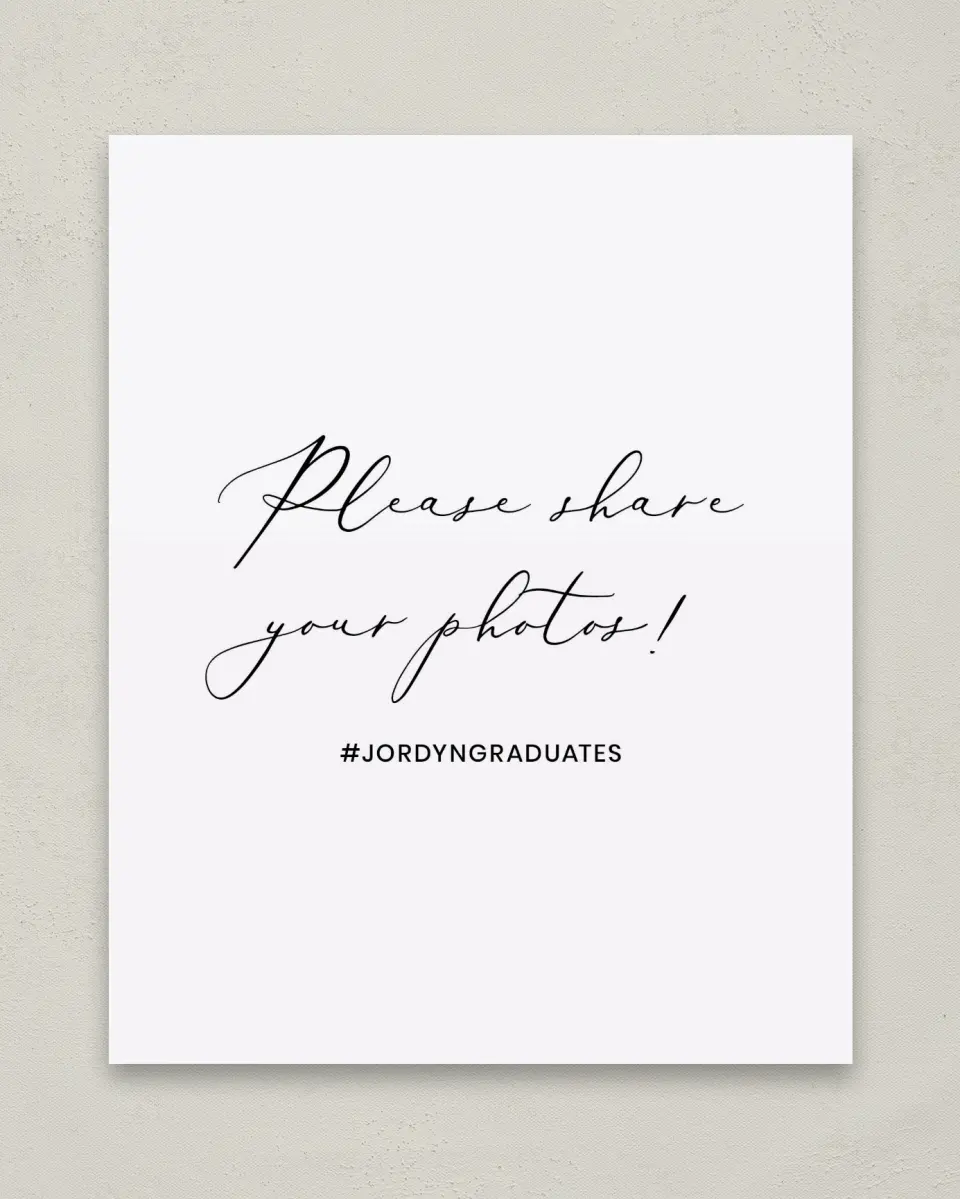 This is a 8" x 10" Let's Celebrate & Snap a Photo Grad Sign called Refined Moment printed in full color