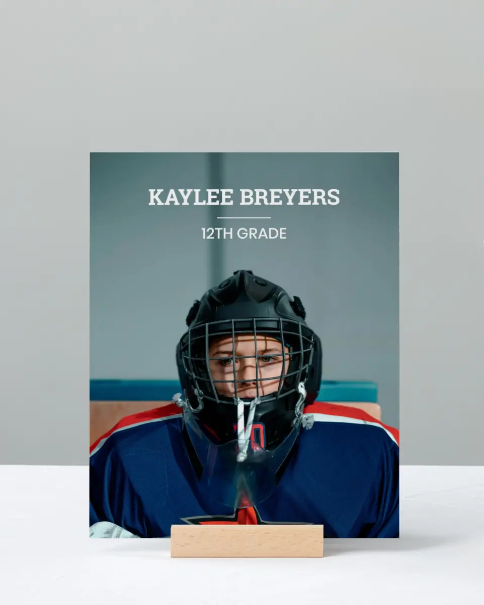 This is a 8" x 10" Photo Grad Sign called Sports Graduate printed in full color with Rose Gold foil