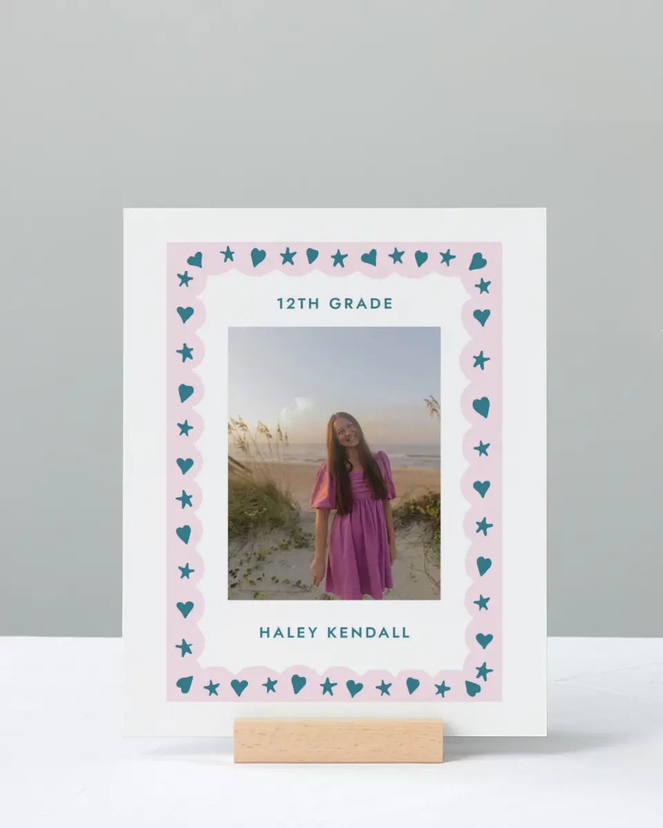 This is a 8" x 10" Photo Grad Sign called Fun Grad printed in full color with Rose Gold foil