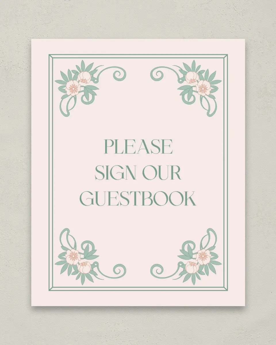 This is a 8" x 10" Guest Book Sign called Vintage Dream printed in full color with Gold foil