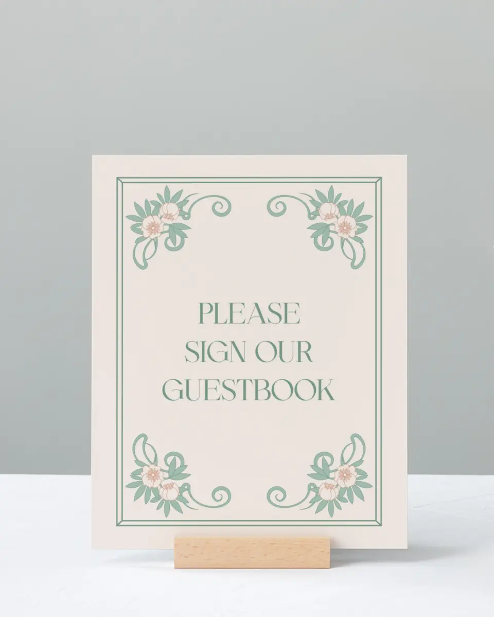 This is a 8" x 10" Guest Book Sign called Vintage Dream printed in full color with Gold foil