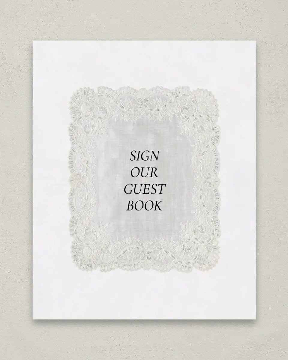 This is a 8" x 10" Guest Book Sign called Trimmed Lace printed in full color with Gold foil