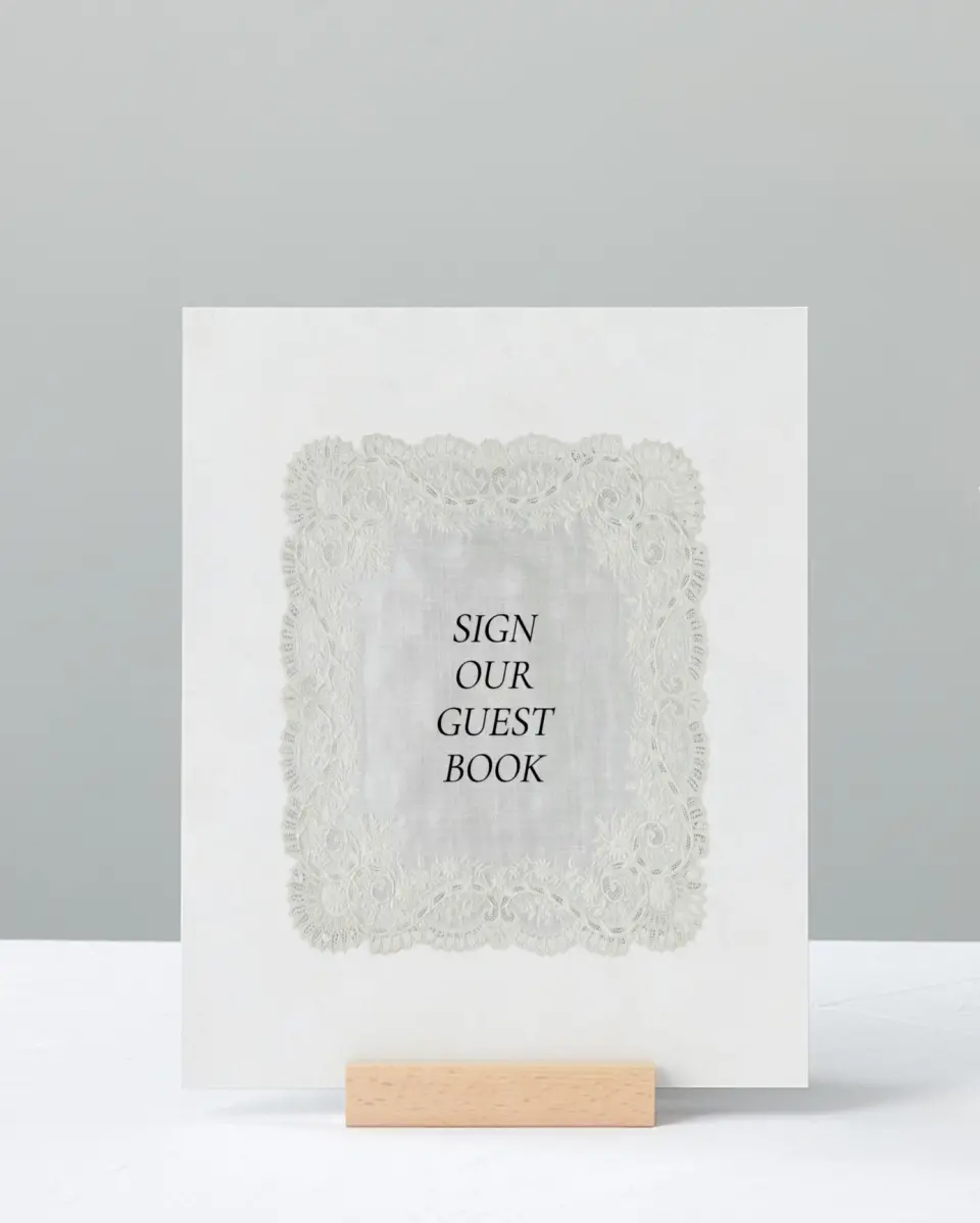 This is a 8" x 10" Guest Book Sign called Trimmed Lace printed in full color with Gold foil