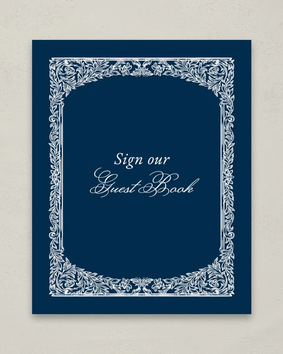 This is a 8" x 10" Guest Book Sign called Heirloom Crest printed in full color with Gold foil