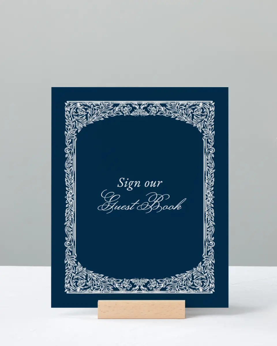 This is a 8" x 10" Guest Book Sign called Heirloom Crest printed in full color with Gold foil
