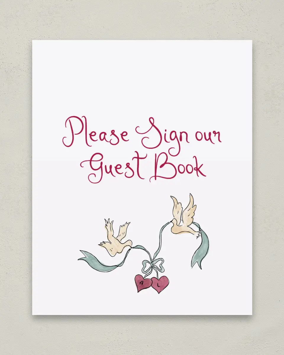 This is a 8" x 10" Guest Book Sign called Love Dove printed in full color with Gold foil