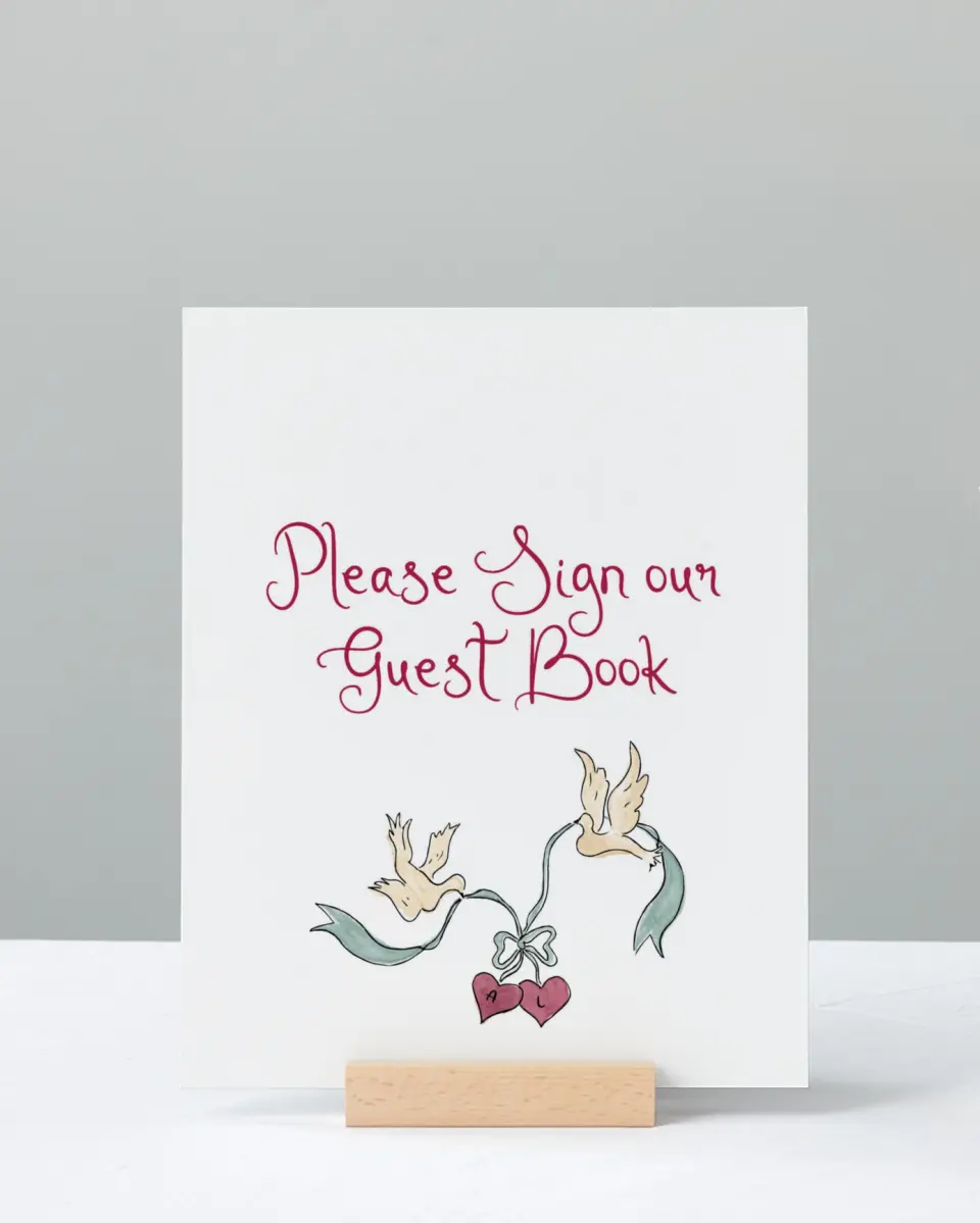This is a 8" x 10" Guest Book Sign called Love Dove printed in full color with Gold foil