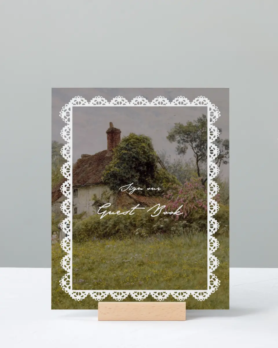 This is a 8" x 10" Guest Book Sign called Verdant Romance printed in full color with Gold foil