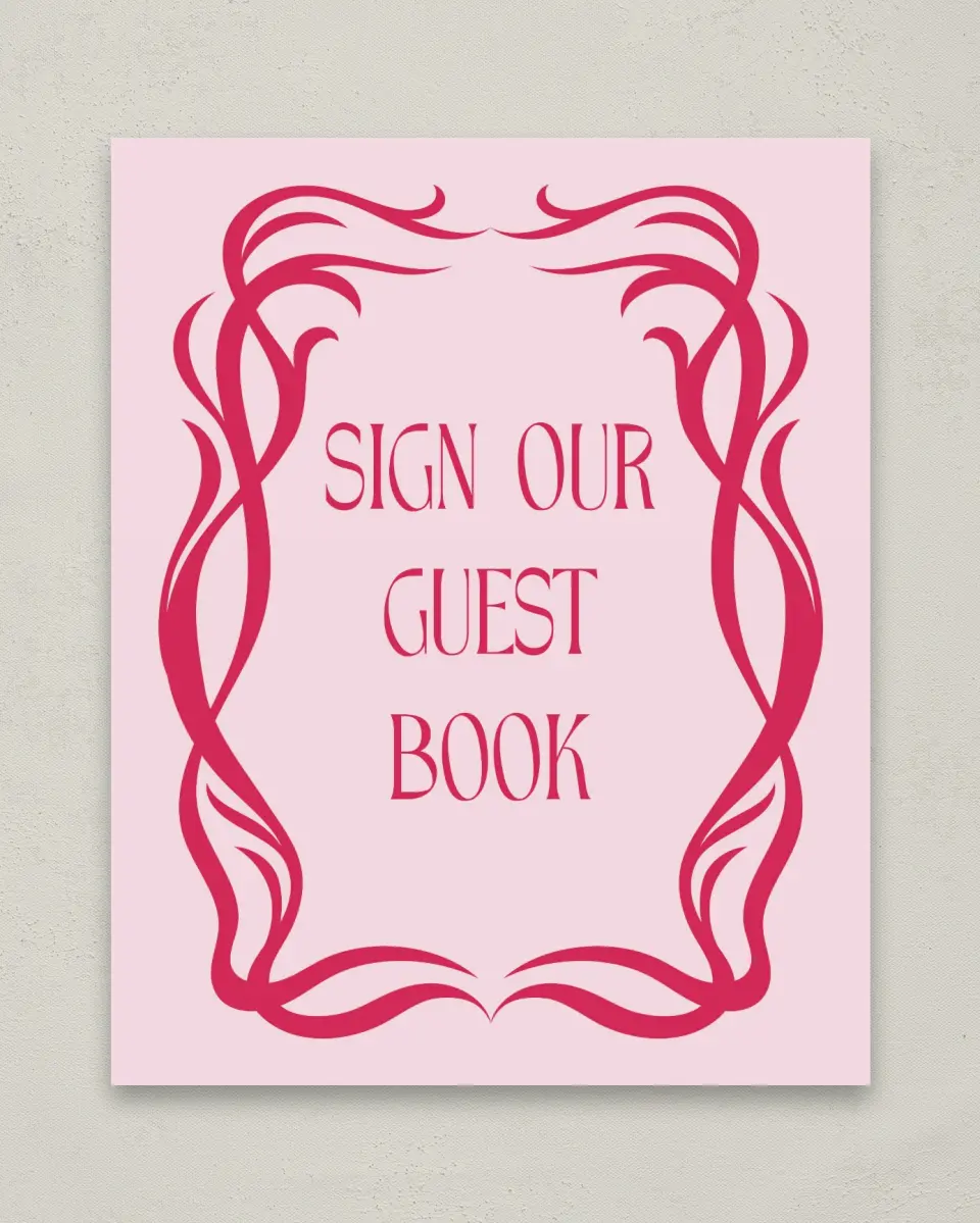 This is a 8" x 10" Guest Book Sign called Nouveau Romance printed in full color with Gold foil