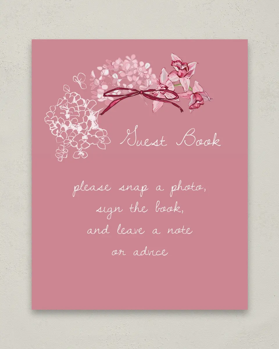 This is a 8" x 10" Guest Book Sign called Blushing Whimsy printed in full color with Gold foil