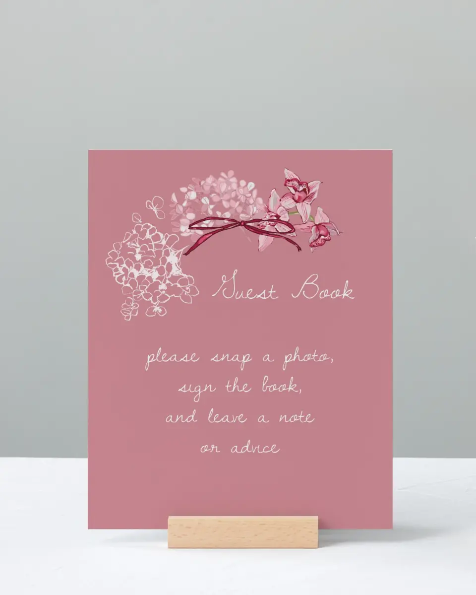 This is a 8" x 10" Guest Book Sign called Blushing Whimsy printed in full color with Gold foil