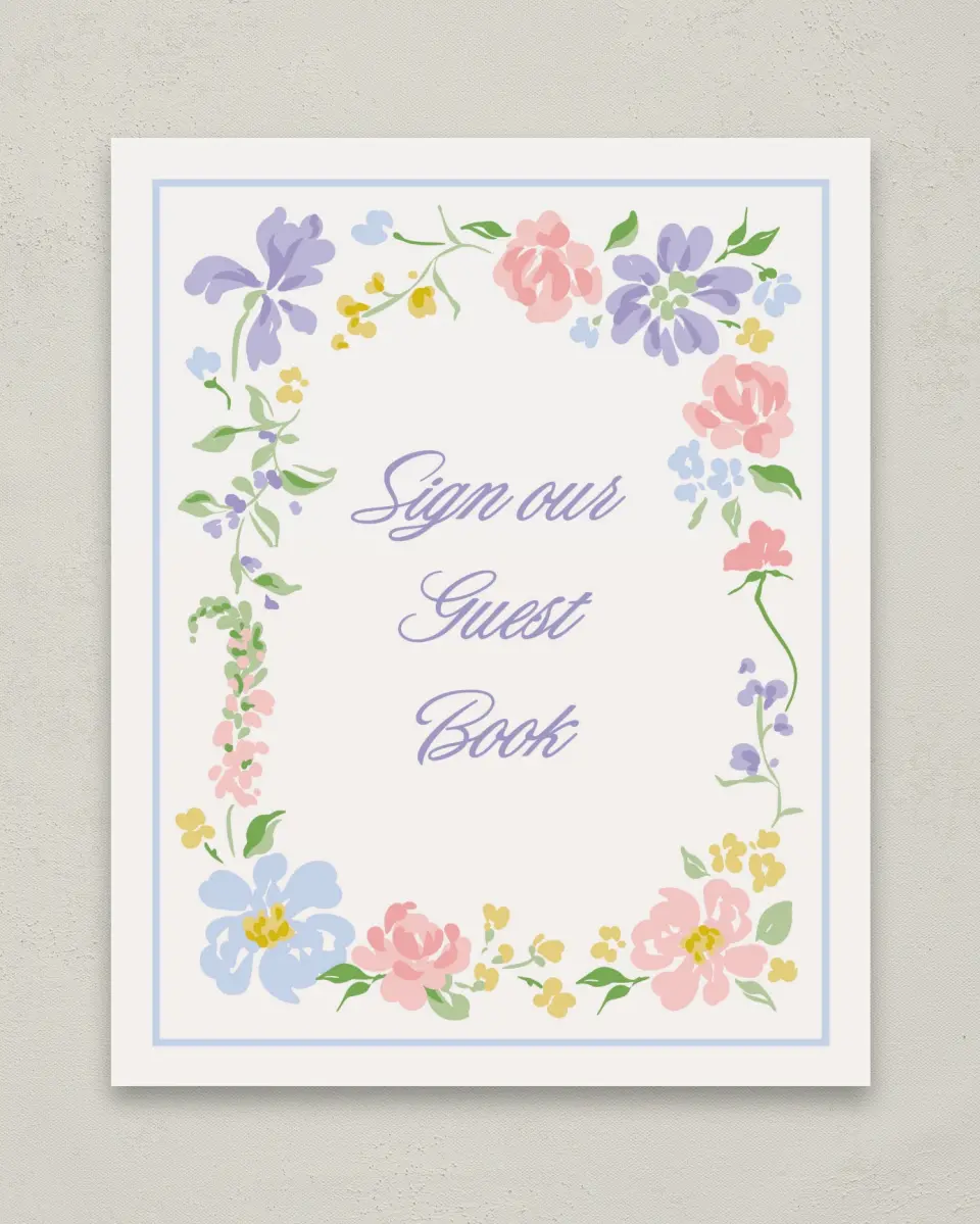 This is a 8" x 10" Guest Book Sign called Gentle Garden printed in full color with Gold foil