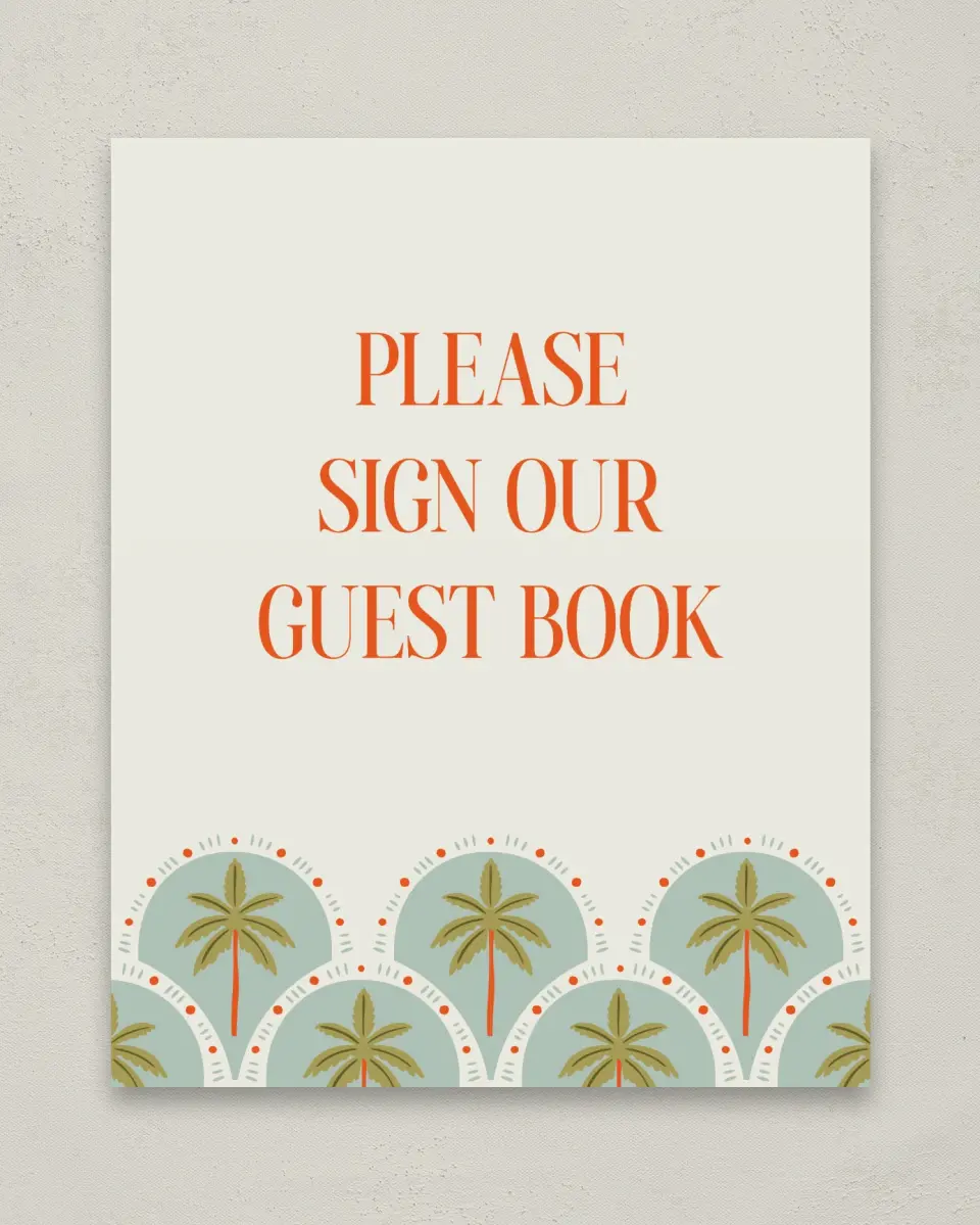 This is a 8" x 10" Guest Book Sign called Tropical Treasure printed in full color with Gold foil