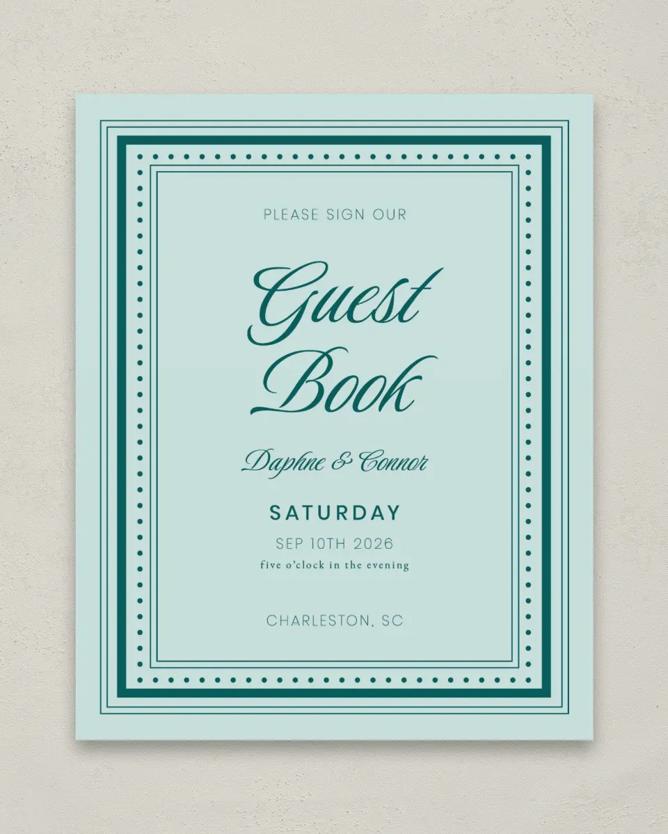 This is a 8" x 10" Guest Book Sign called Faithful Frame printed in full color with Gold foil