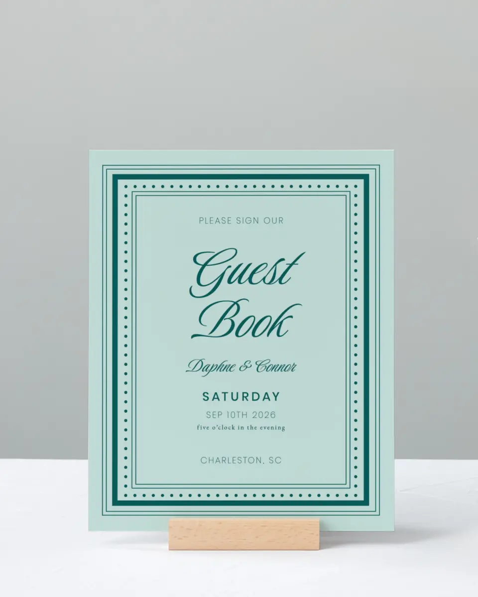 This is a 8" x 10" Guest Book Sign called Faithful Frame printed in full color with Gold foil