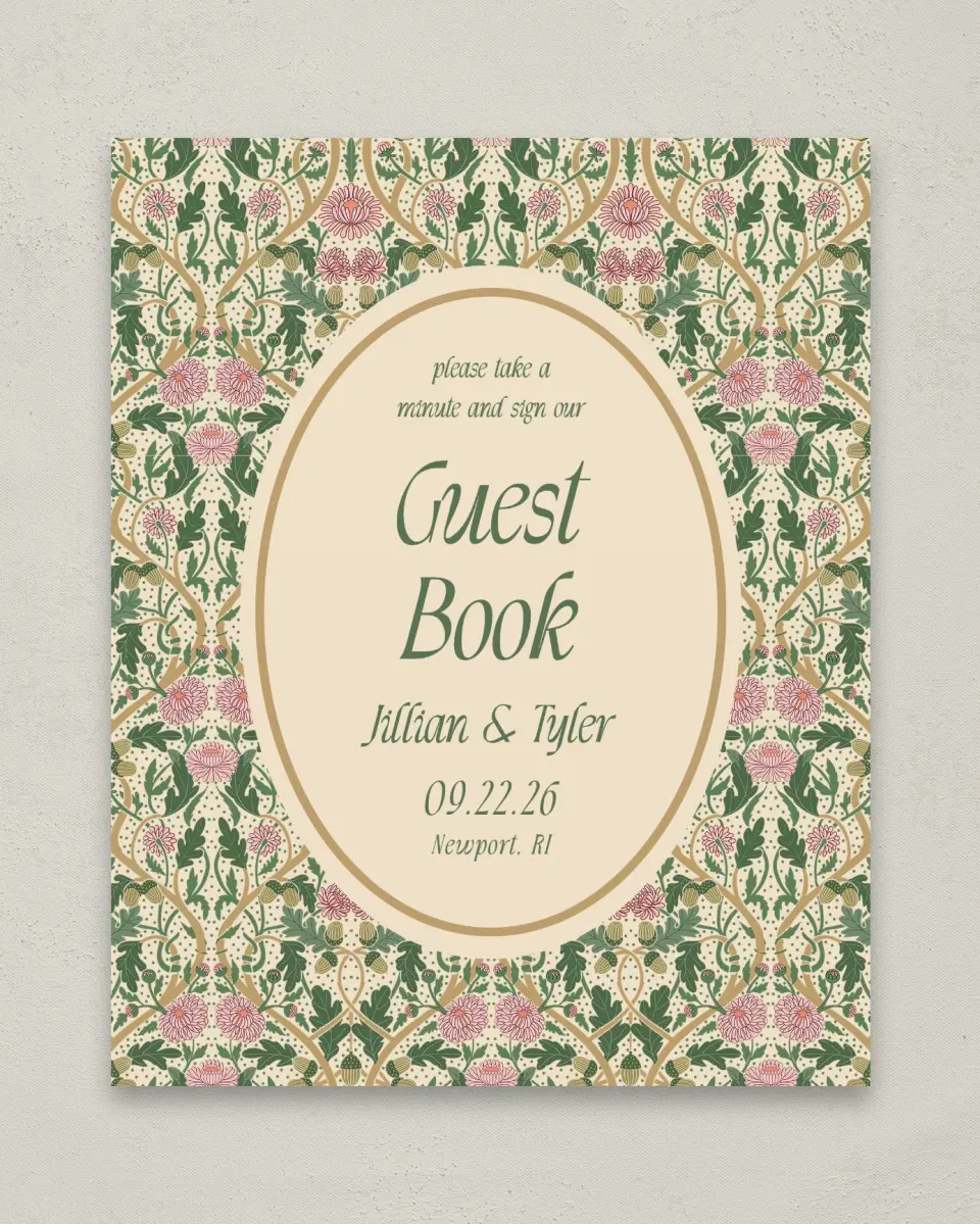 This is a 8" x 10" Guest Book Sign called Regal Garden printed in full color with Gold foil