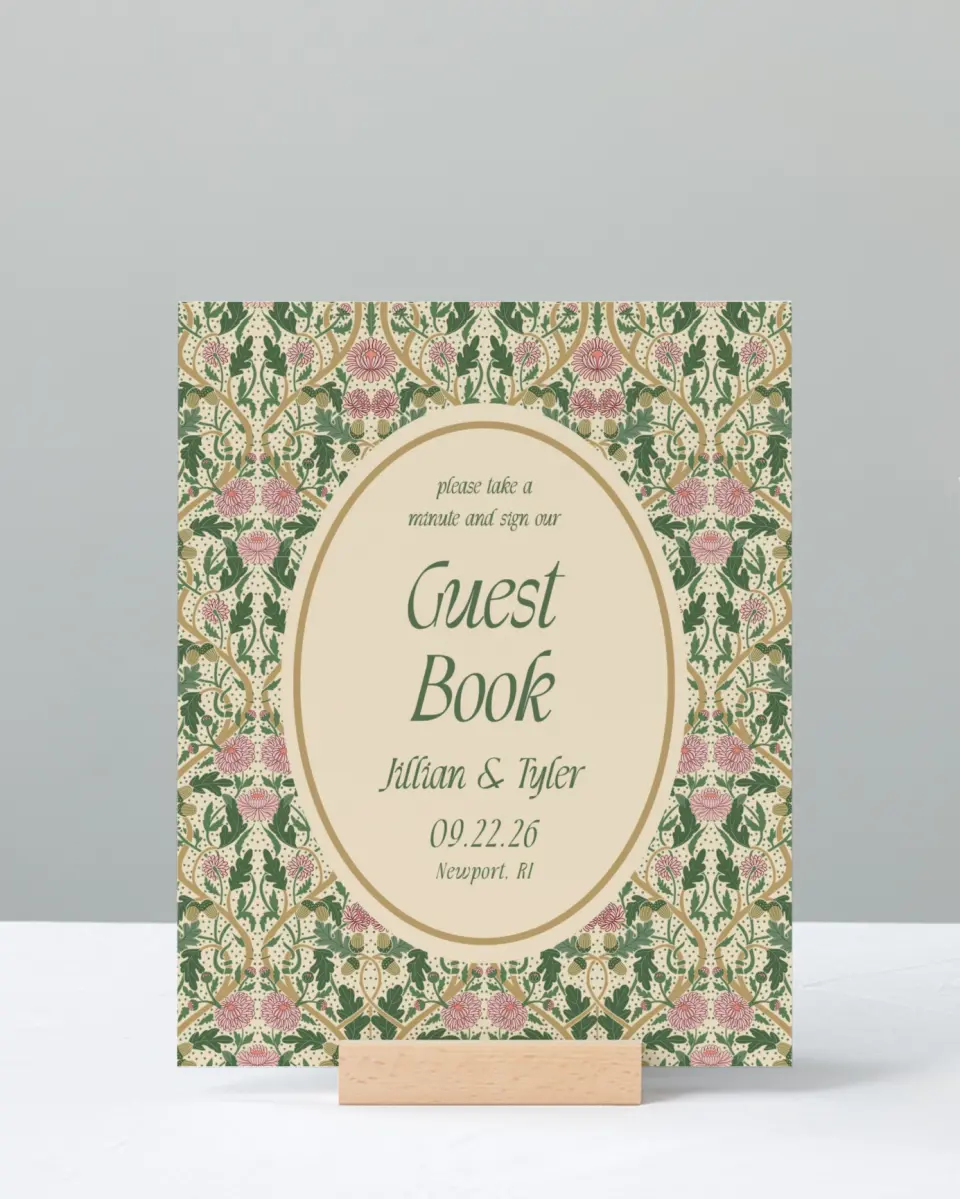 This is a 8" x 10" Guest Book Sign called Regal Garden printed in full color with Gold foil