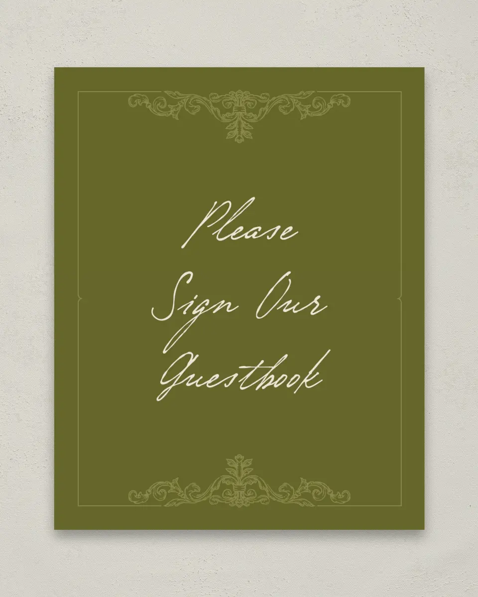This is a 8" x 10" Guest Book Sign called Victorian Aura printed in full color with Gold foil