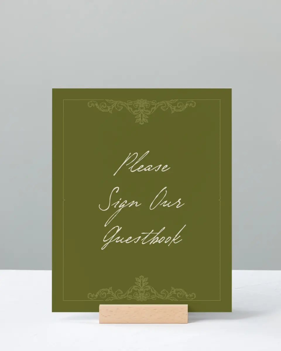 This is a 8" x 10" Guest Book Sign called Victorian Aura printed in full color with Gold foil