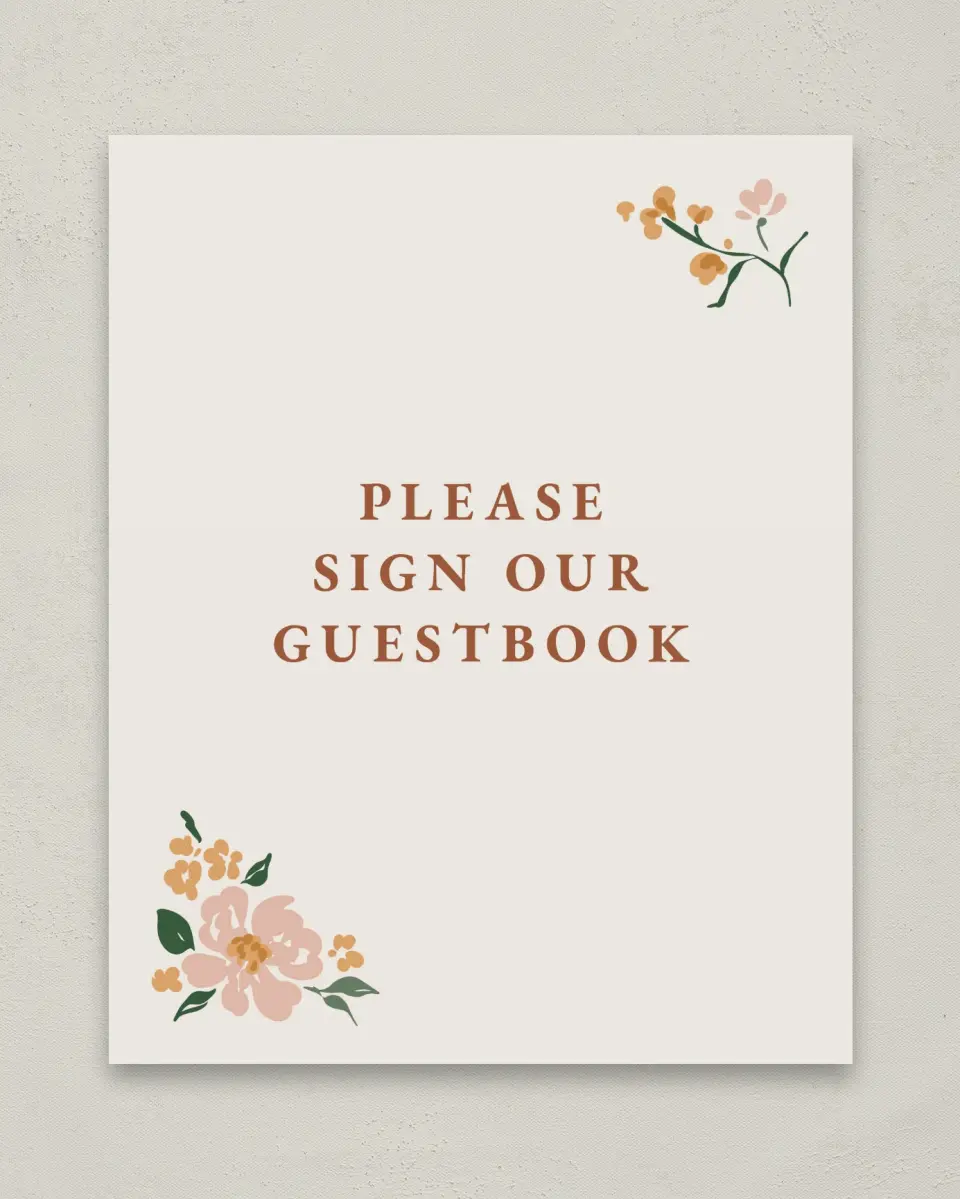 This is a 8" x 10" Guest Book Sign called Plush Petals printed in full color with Gold foil