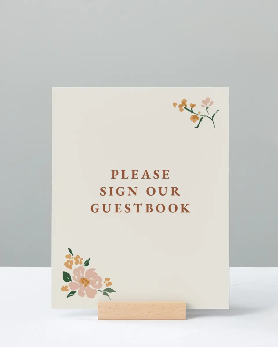 This is a 8" x 10" Guest Book Sign called Plush Petals printed in full color with Gold foil