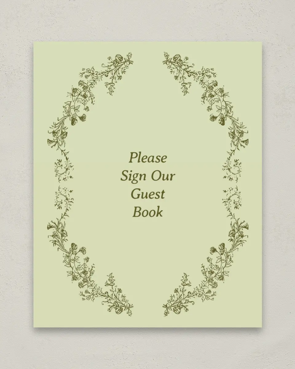This is a 8" x 10" Guest Book Sign called Vintage Chinoiserie printed in full color with Gold foil
