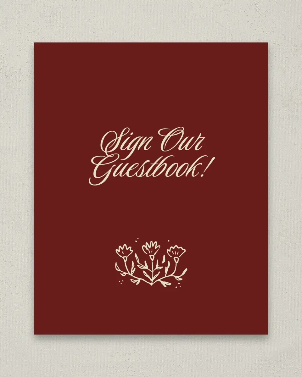 This is a 8" x 10" Guest Book Sign called Bloom & Crest printed in full color with Gold foil