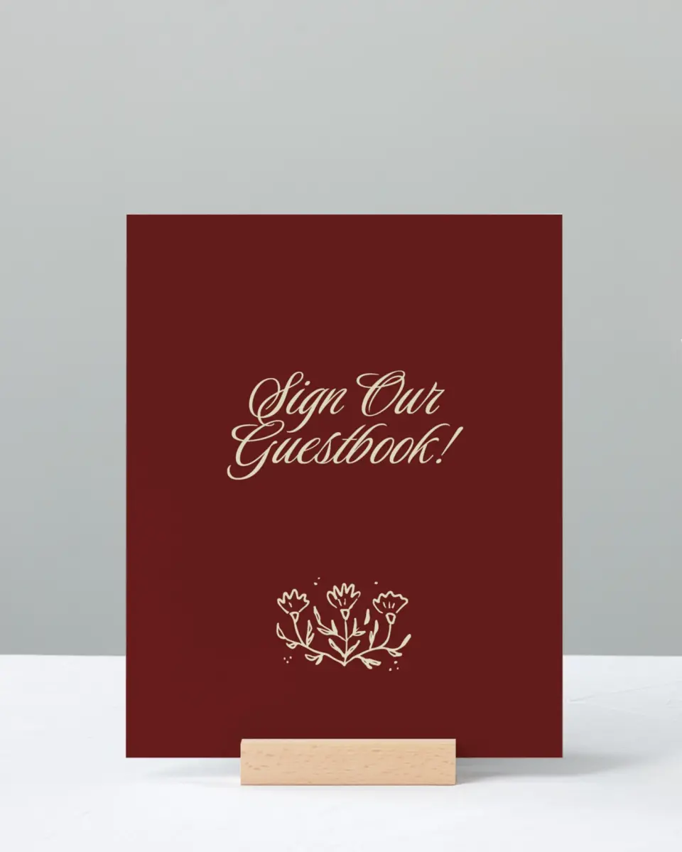 This is a 8" x 10" Guest Book Sign called Bloom & Crest printed in full color with Gold foil