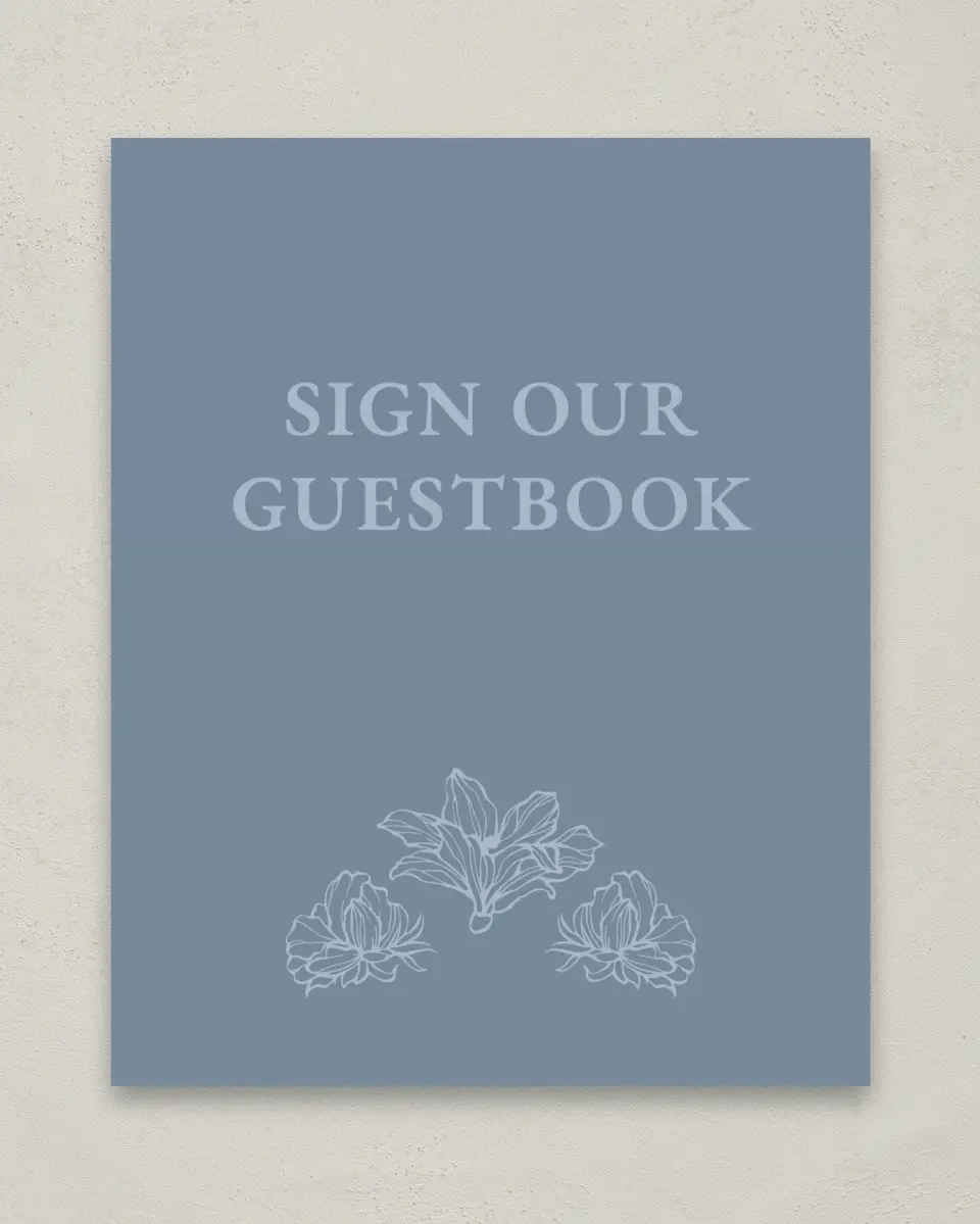 This is a 8" x 10" Guest Book Sign called Pressed Petals printed in full color with Silver foil