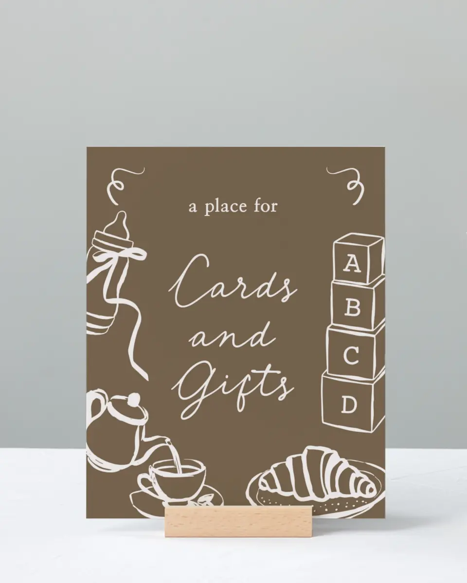 This is a 8" x 10" Cards & Gifts Baby Shower Sign called Cafe Bebe printed in full color with Gold foil