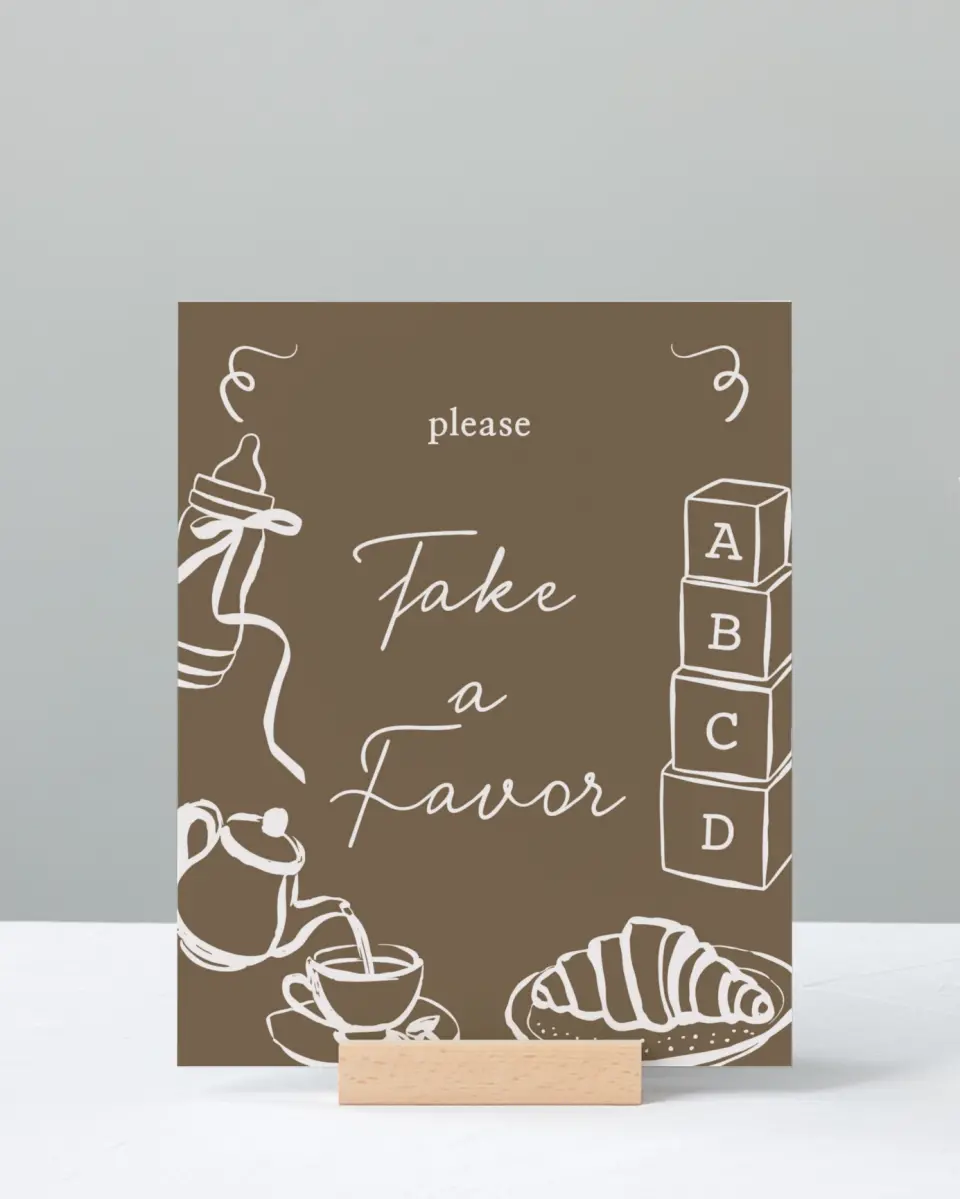 This is a 8" x 10" Take a Favor Baby Shower Sign called Cafe Bebe printed in full color with Silver foil