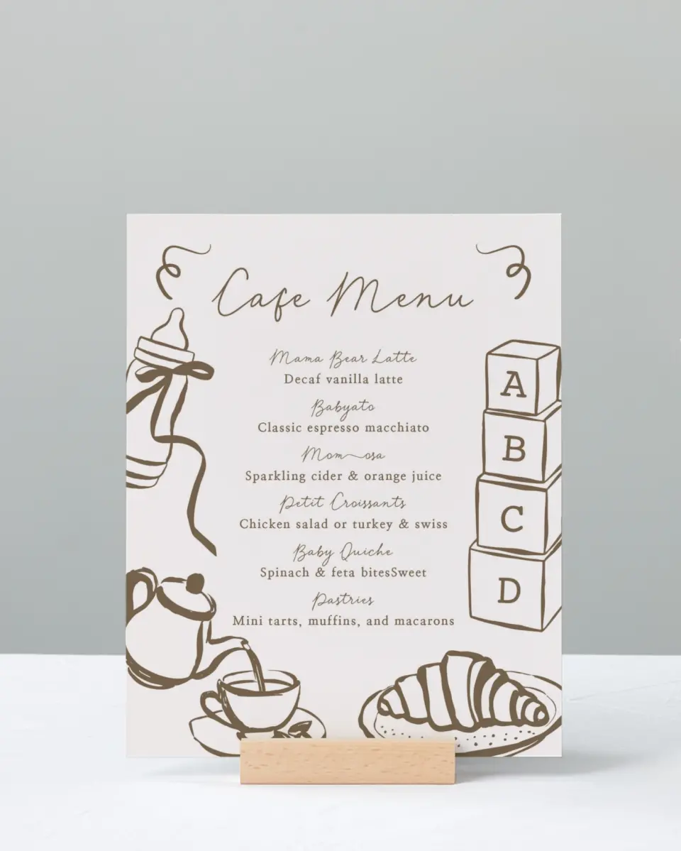 This is a 8" x 10" Menu Baby Shower Sign called Cafe Bebe printed in full color with Rose Gold foil
