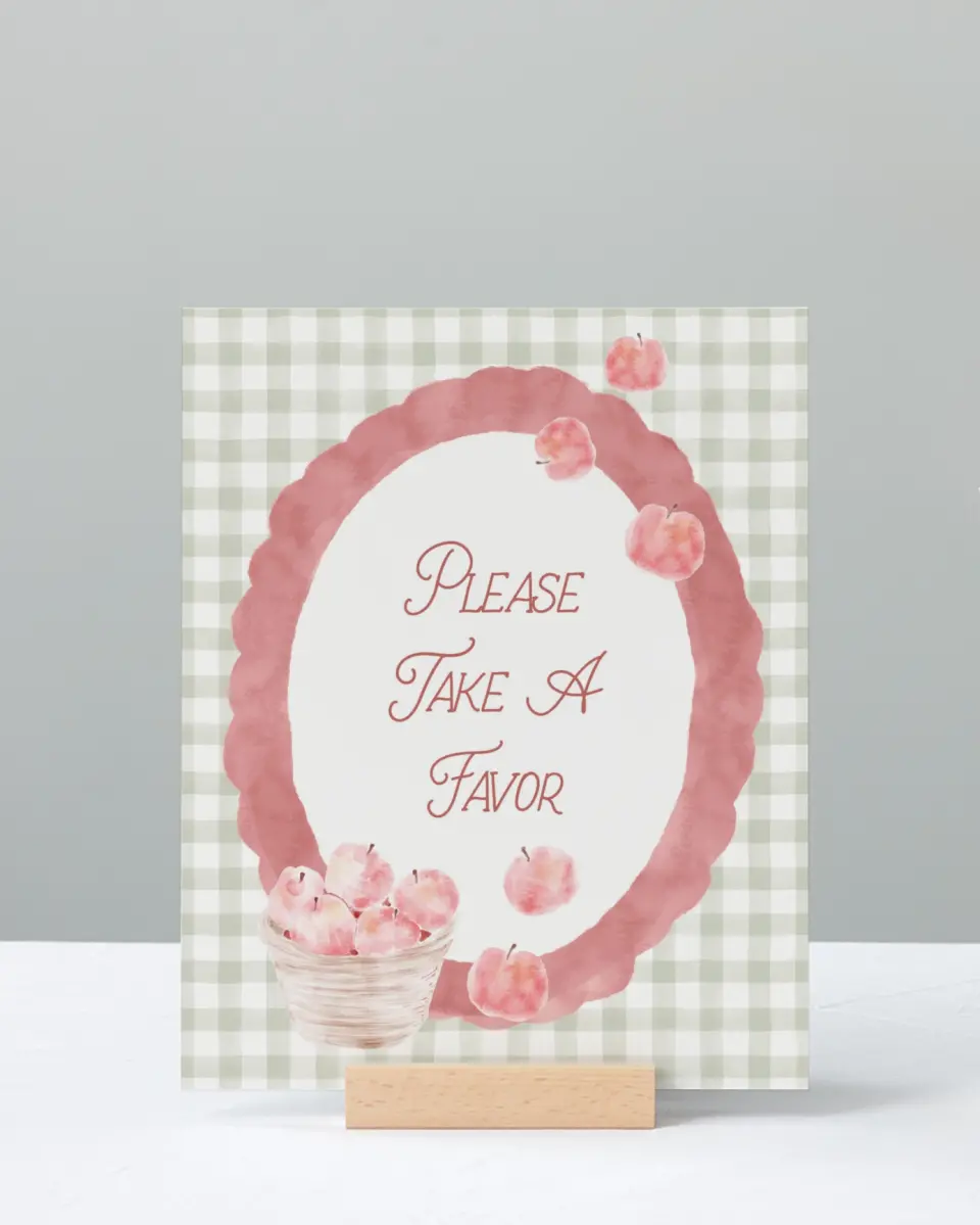 This is a 8" x 10" Take a Favor Baby Shower Sign called Apple of Our Eye printed in full color