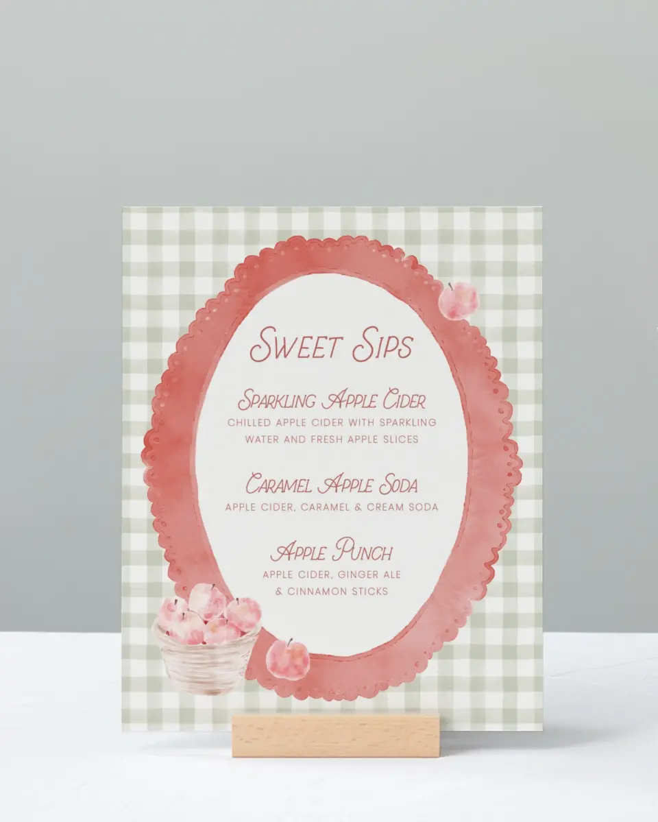 This is a 8" x 10" Menu Baby Shower Sign called Apple of Our Eye printed in full color